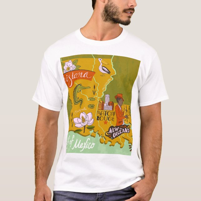 Illustrated Louisiana karta: resmarkeringar. T Shirt (Framsida)