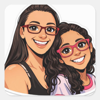 illustrated mother and daughter stickers cute  fyrkantigt klistermärke