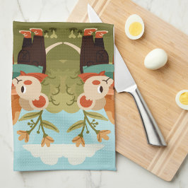 Illustrated picnic scene with animals kökshandduk