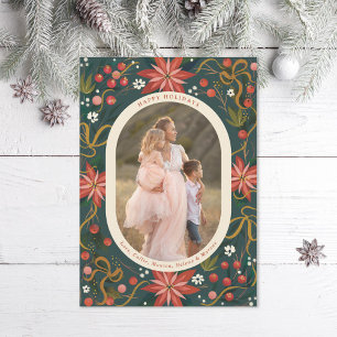 Illustrated Poinsettias Guld Ribbon Photo Julkort