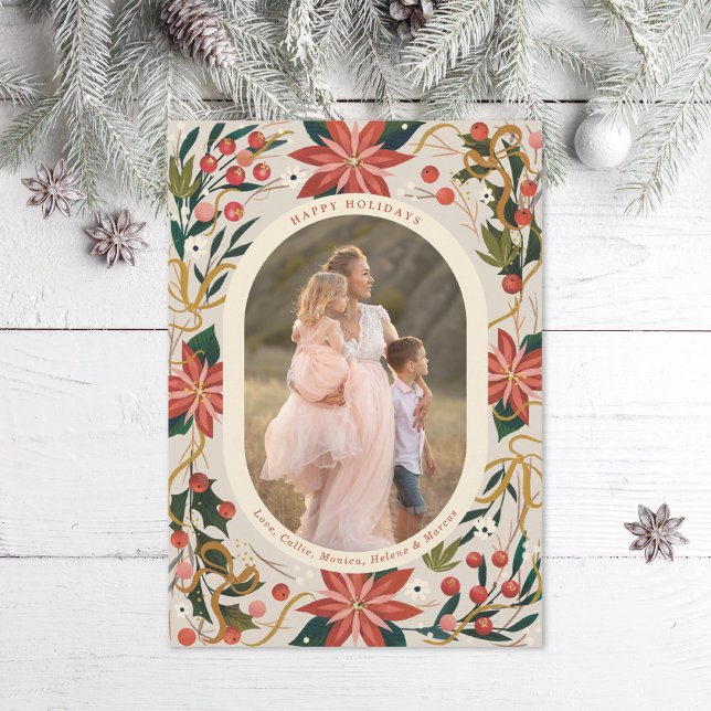 Illustrated Poinsettias Guld Ribbon Photo Julkort (Skapare uppladdad)