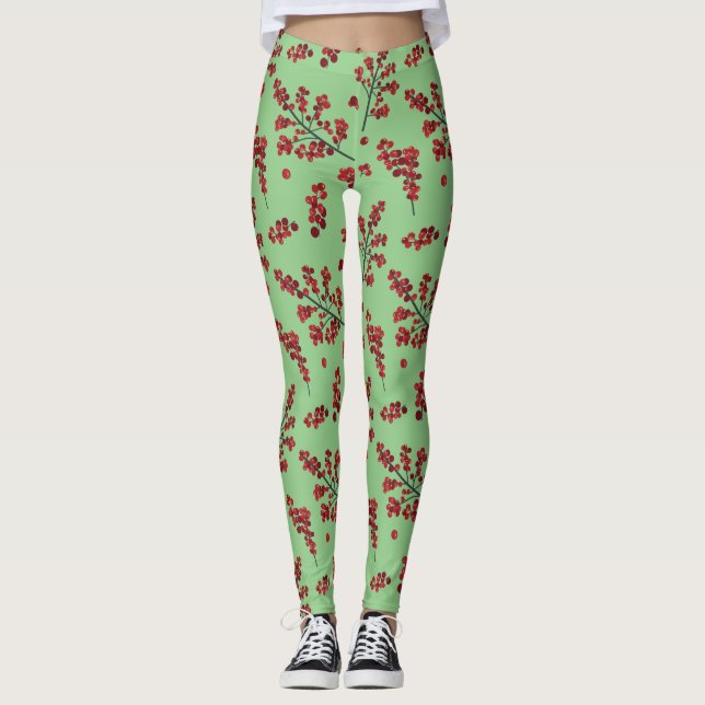 Illustrated Red Holly Berries Leggings (Framsida)