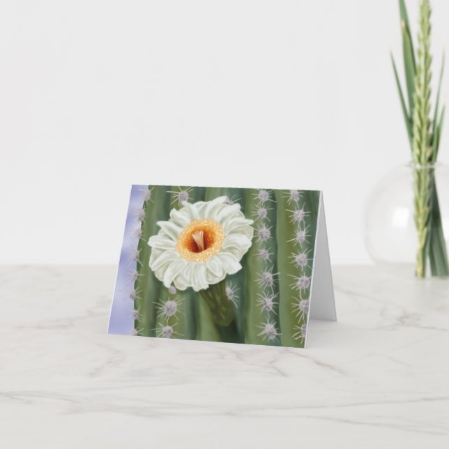 Illustrated Saguaro Cactus White Flower Anteckningskort (Framsida)
