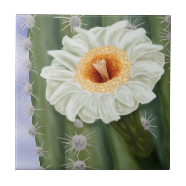 Illustrated Saguaro Cactus White Flower Kakelplatta (Framsidan)