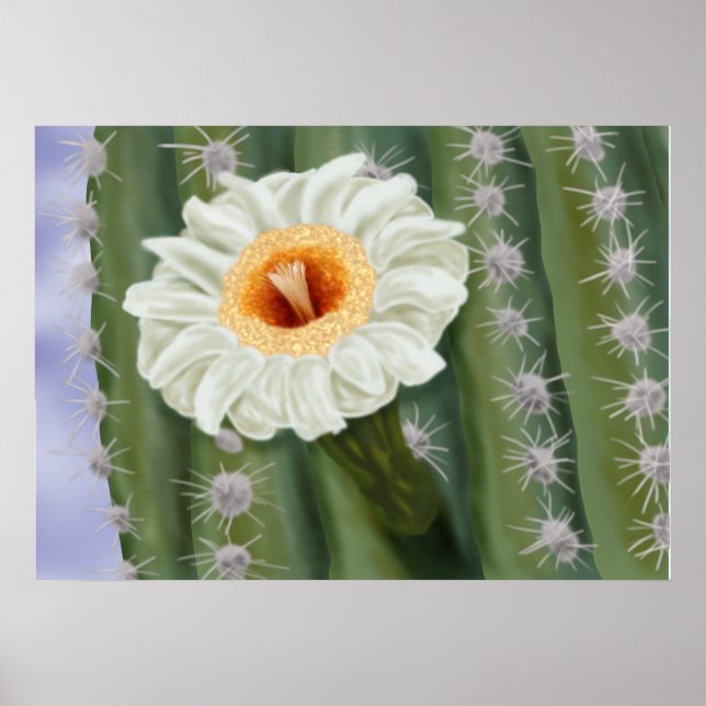 Illustrated Saguaro Cactus White Flower Poster (Framsidan)