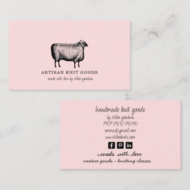 Illustrated Sheep Knitting Pink Business Visitkort (Fram/baksida)