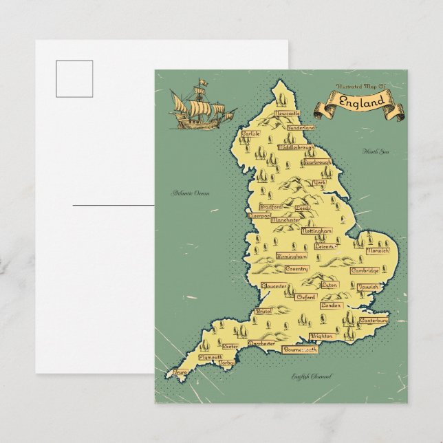 Illustrated Travel karta i England Inbjudan Vykort (Fram/baksida)
