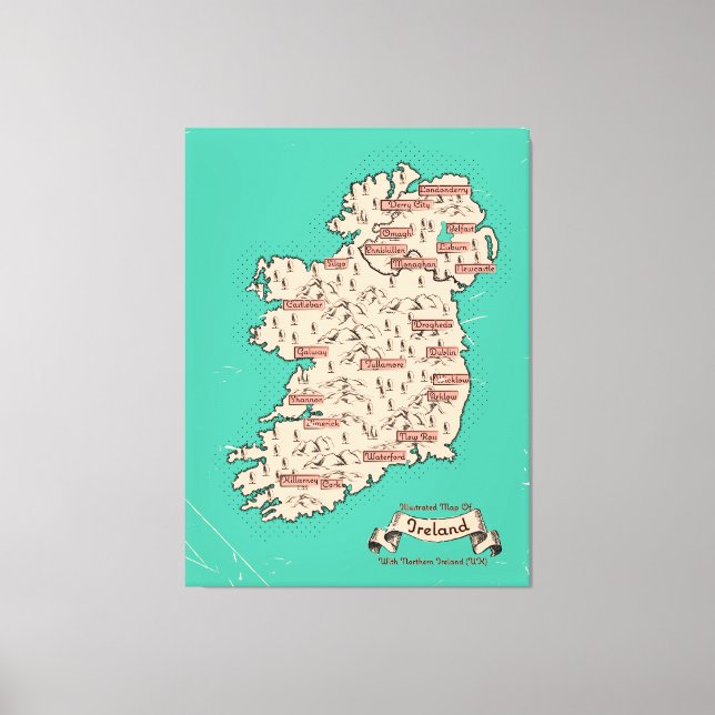 Illustrated Travel karta i Irland Canvastryck (Framsida)