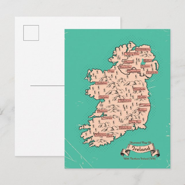 Illustrated Travel karta i Irland Inbjudan Vykort (Fram/baksida)