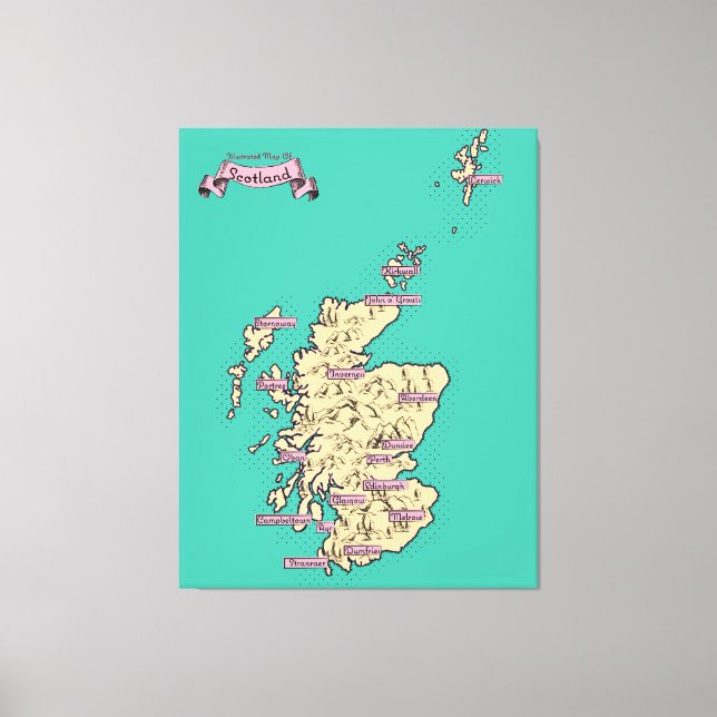 Illustrated Travel karta of Scotland (Teal Version Canvastryck (Framsida)