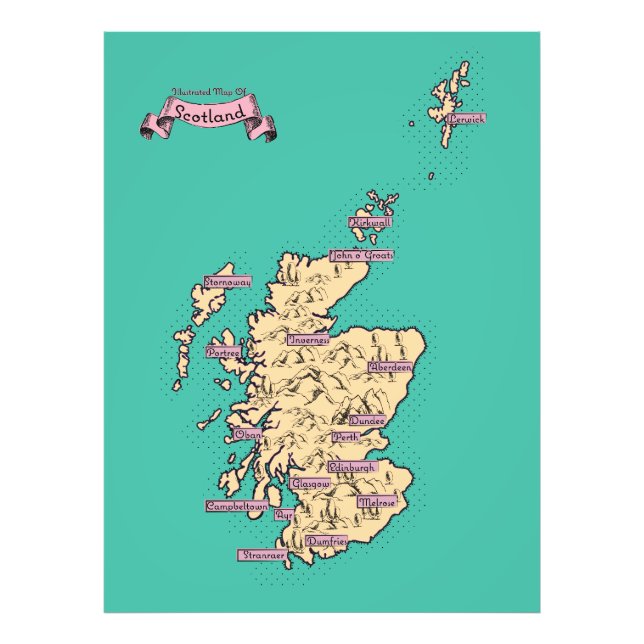 Illustrated Travel karta of Scotland (Teal Version Fototryck (Framsidan)