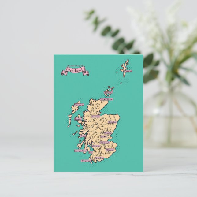 Illustrated Travel karta of Scotland (Teal Version Inbjudan Vykort (Stående Fram)