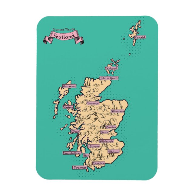 Illustrated Travel karta of Scotland (Teal Version Magnet (Vertikal)