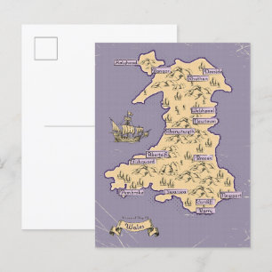 Illustrated Travel karta of Wales Inbjudan Vykort