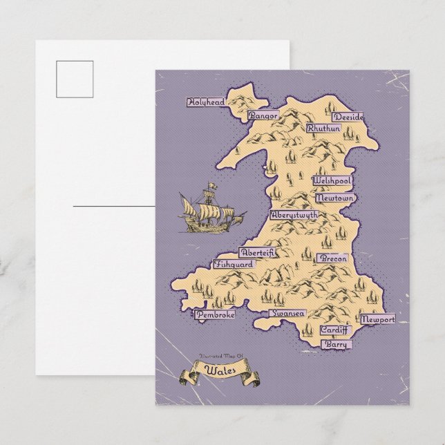 Illustrated Travel karta of Wales Inbjudan Vykort (Fram/baksida)