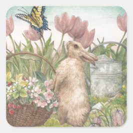 Illustrated Vår Bunny i Garden Fyrkantigt Klistermärke