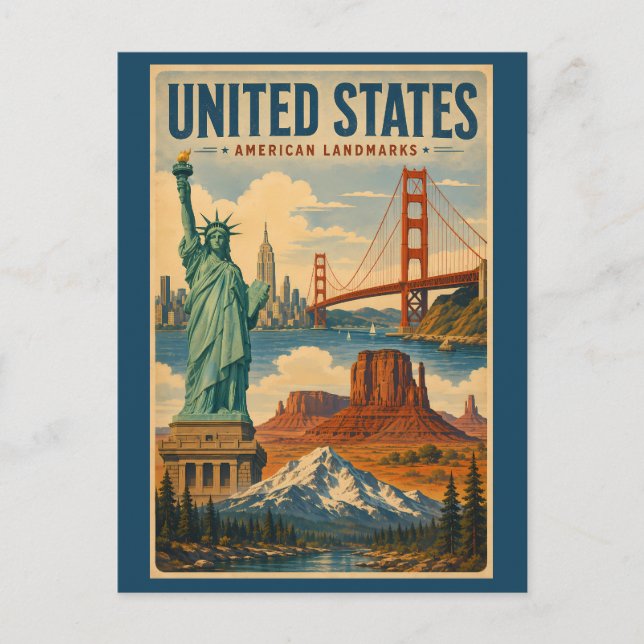 Illustration av amerikanska landmärken vykort (Framsida)