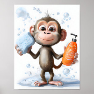 Illustration av apa, luddig badrumsbild, lekfull poster