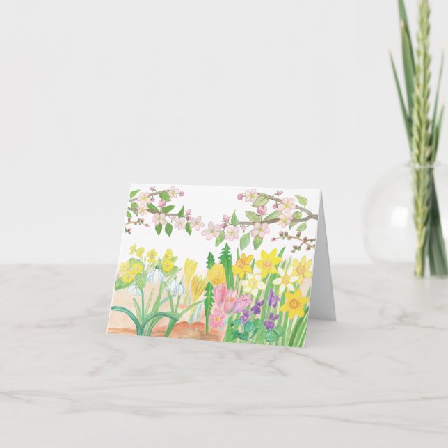 Illustration av äppelblommor och vårblommor helgkort (Framsida)