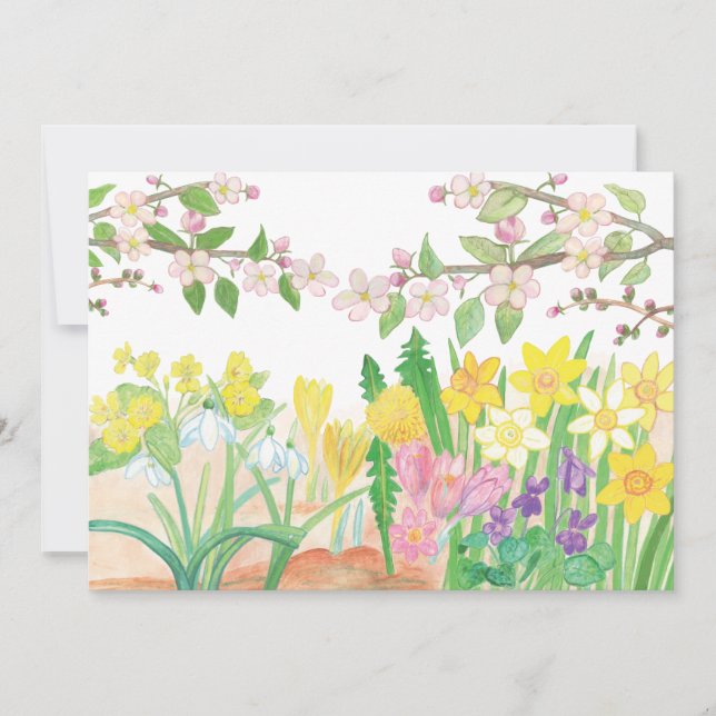 Illustration av äppelblommor och vårblommor julkort (Framsida)