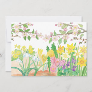 Illustration av äppelblommor och vårblommor julkort