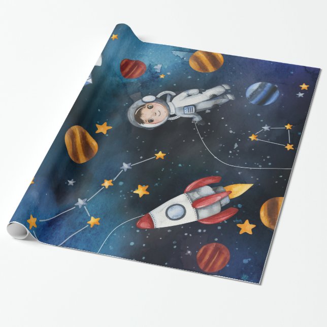 Illustration av astronaut i rymden Mönster Presentpapper (Utrullad)