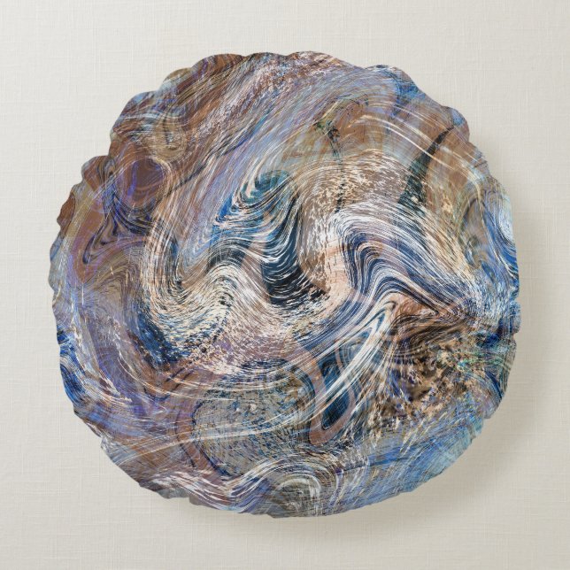 Illustration av blå Grått Fluid Marbling Rund Kudde (Framsidan)