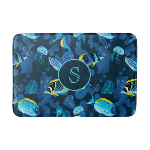 Illustration av blå Gult Tropical Fishes Monogram Badrumsmatta