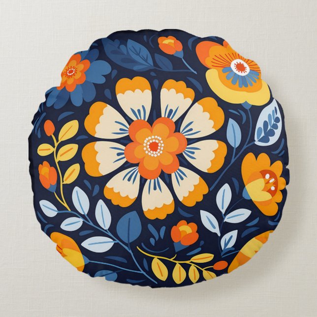 Illustration av Blommigten orange och blåfet återc Rund Kudde (Framsidan)