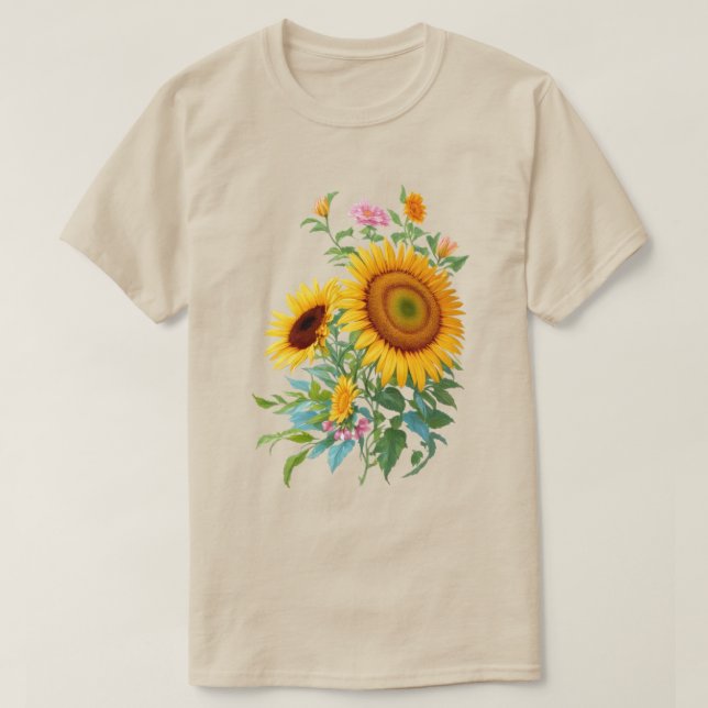 Illustration av Blommigten Solros Bouquet botanisk T Shirt (Design framsida)