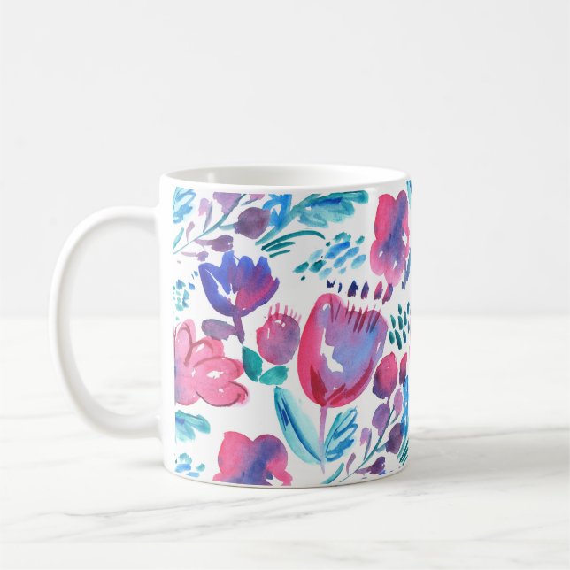 illustration av boho stil blommigt, hand plockade. kaffemugg (Vänster)