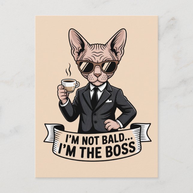 Illustration av Boss Sphynx Katt Kaffe Vykort (Framsida)