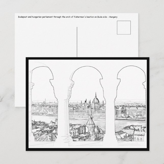 Illustration av Budapest och ungerska parlamentet Vykort (Fram/baksida)