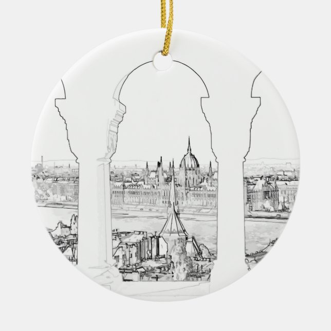 Illustration av Budapest-parlamentet och det unger Julgransprydnad Keramik (Framsidan)