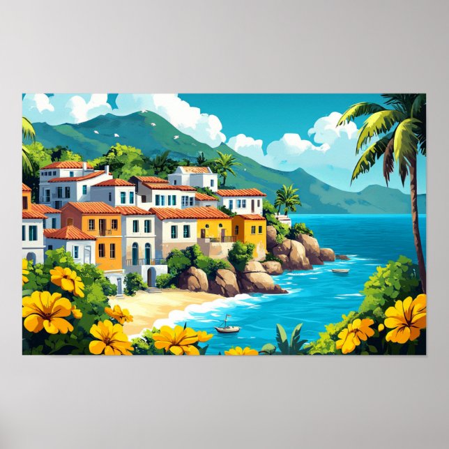 Illustration av byhus Watercolor Teckning Poster (Framsidan)