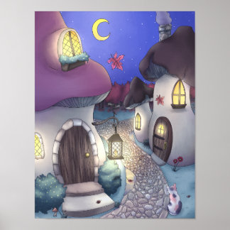 Illustration av byn Fantasy Natt Mushroom Poster