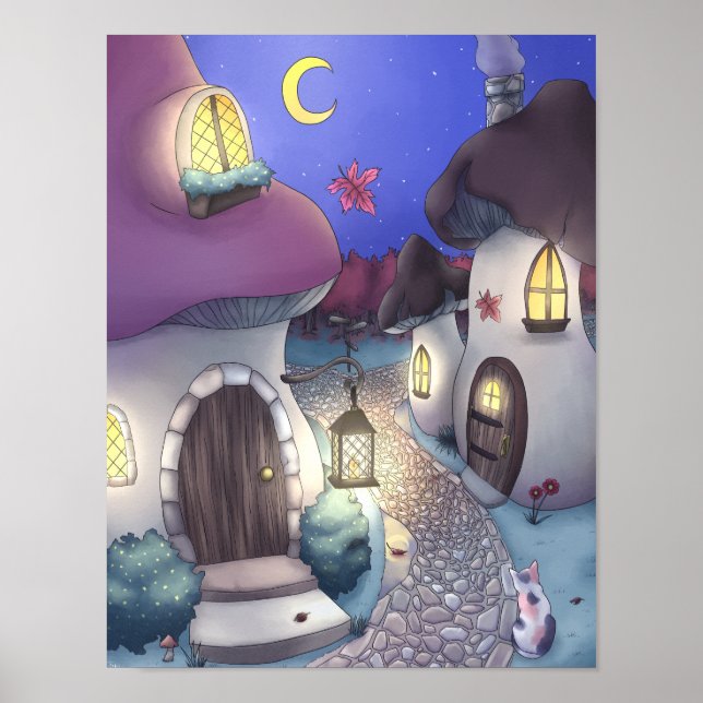 Illustration av byn Fantasy Natt Mushroom Poster (Framsidan)