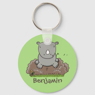 illustration av Cute baby rhino Runda grönt teckna Nyckelring