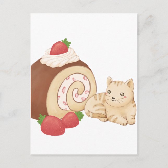 Illustration av Cute Cat och Dessert Vykort (Framsida)