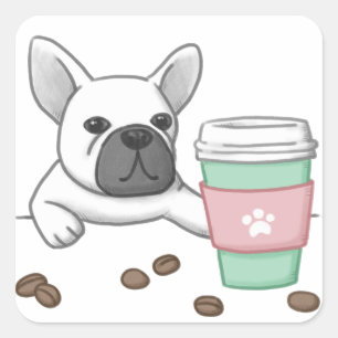 Illustration av Cute Hund, Kopp och kaffebönor Fyrkantigt Klistermärke