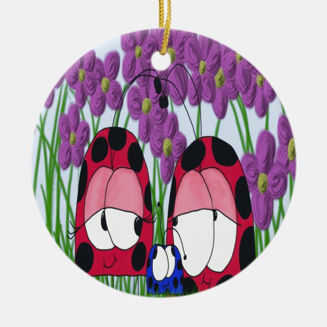 Illustration av Cute Ladybug-familjen Julgransprydnad Keramik (Framsidan)