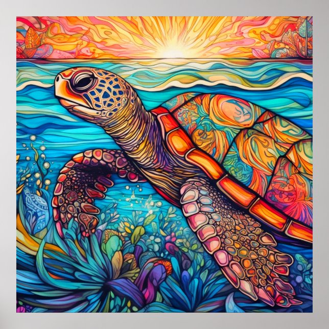 Illustration av Cute Swimming Sea Turtle Poster (Framsidan)