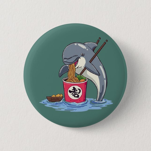 Illustration av delfin som äter Ramen Knapp (Framsida)