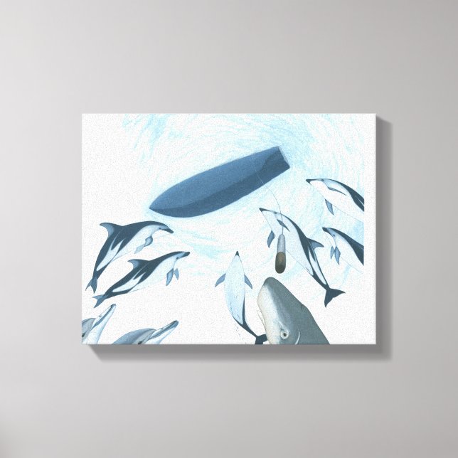 Illustration av delfiner tittar upp i en båt canvastryck (Framsida)