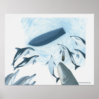 Illustration av delfiner tittar upp i en båt poster
