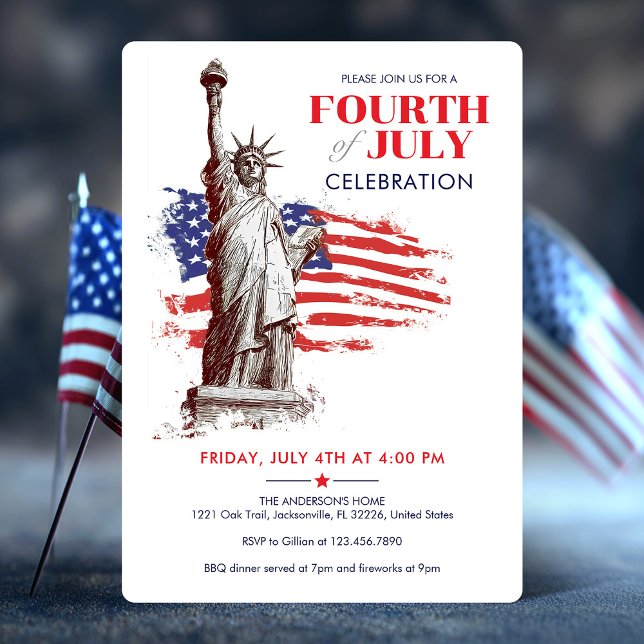 illustration av den fjärde juli USA flagga & Frihe Inbjudningar (July 4th USA Flag & Statue of Liberty illustration Invitation)