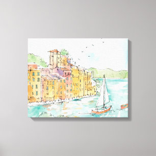 Illustration av den Porofino hamnen med segelbåte Canvastryck