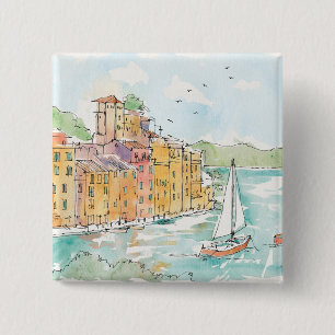 Illustration av den Porofino hamnen med segelbåte Knapp