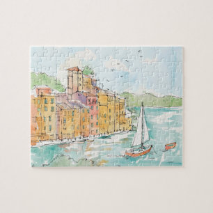 Illustration av den Porofino hamnen med segelbåte Pussel