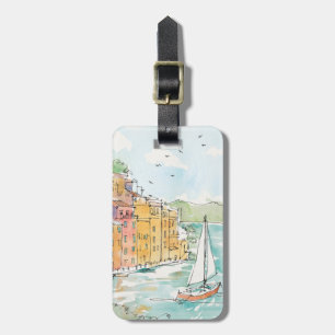 Illustration av den Porofino hamnen med segelbåten Bagagebricka